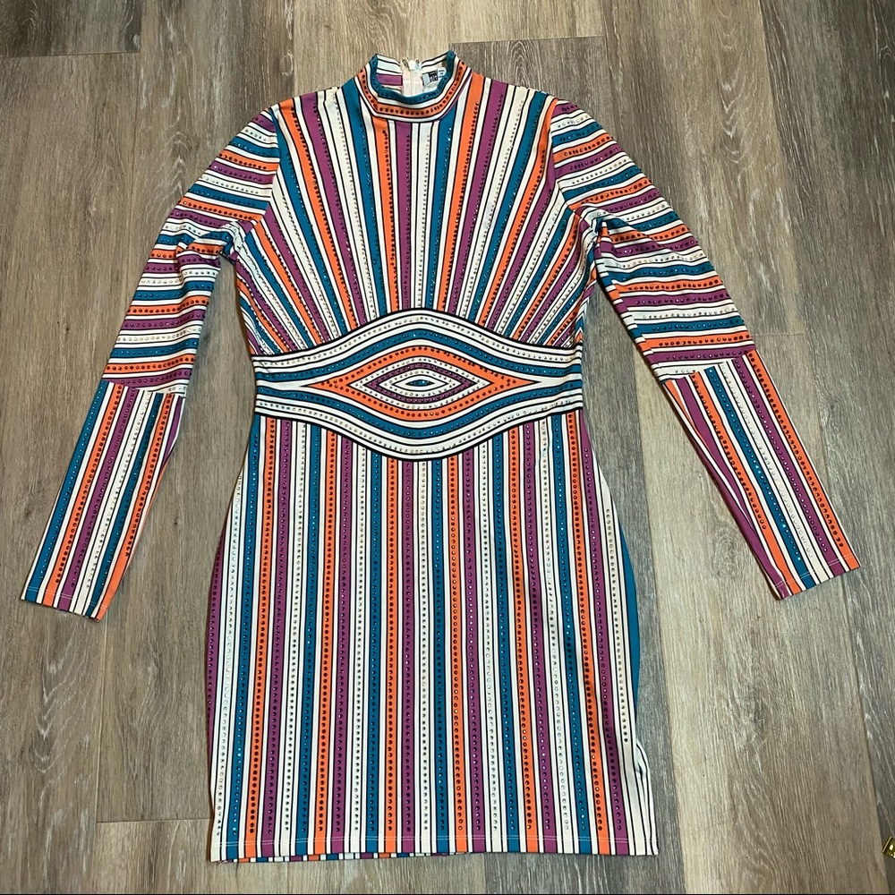 Fashion Nova Mock neck zippered Beaded Long Sleeves Dress